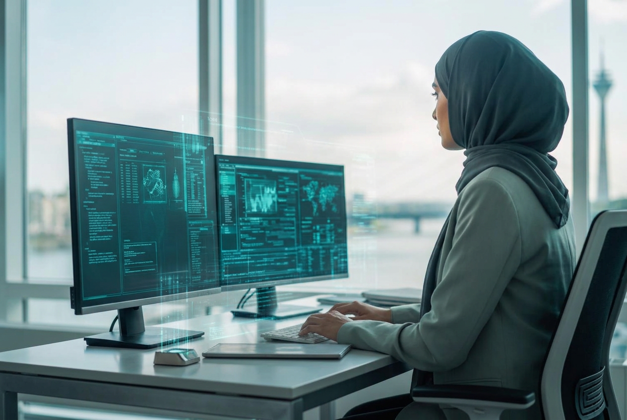 Symbolische Darstellung einer jungen Frau mit Kopftuch im Seitenprofil bei konzentrierter Arbeit am Computer